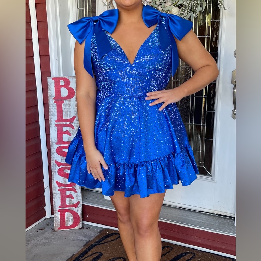 Sherri Hill Blue Sparkle Bow-Shoulder Party Dress - Women